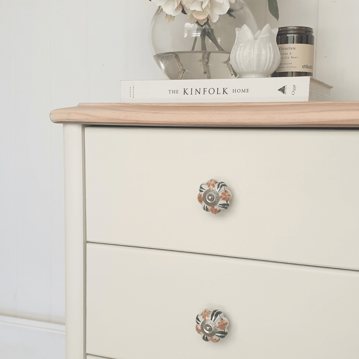 floral ceramic knob in a boho style setting