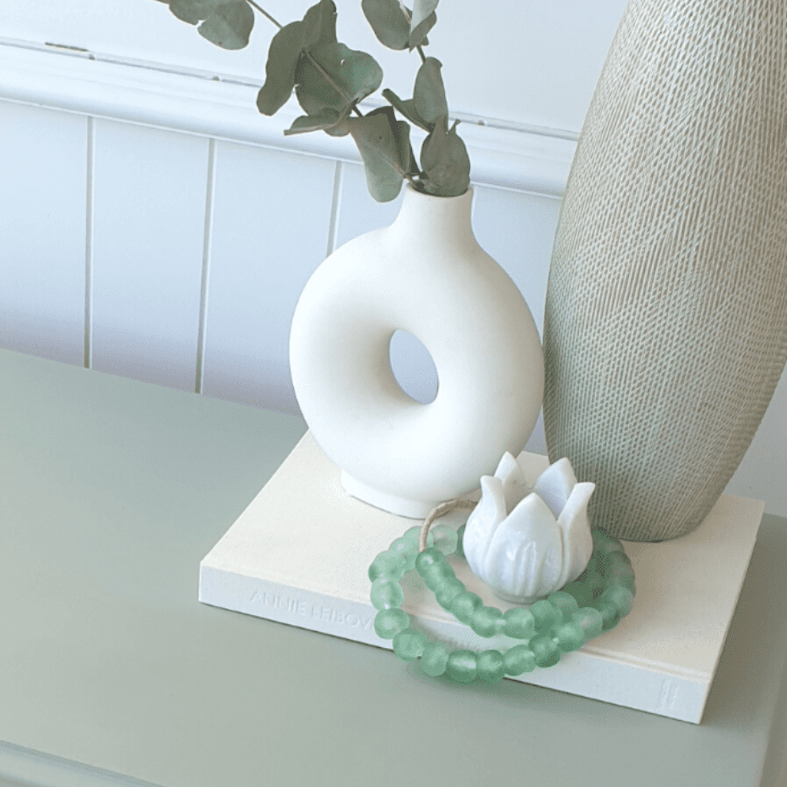 Seafoam Green Glass Decorative Beads in hamptons decor vignette
