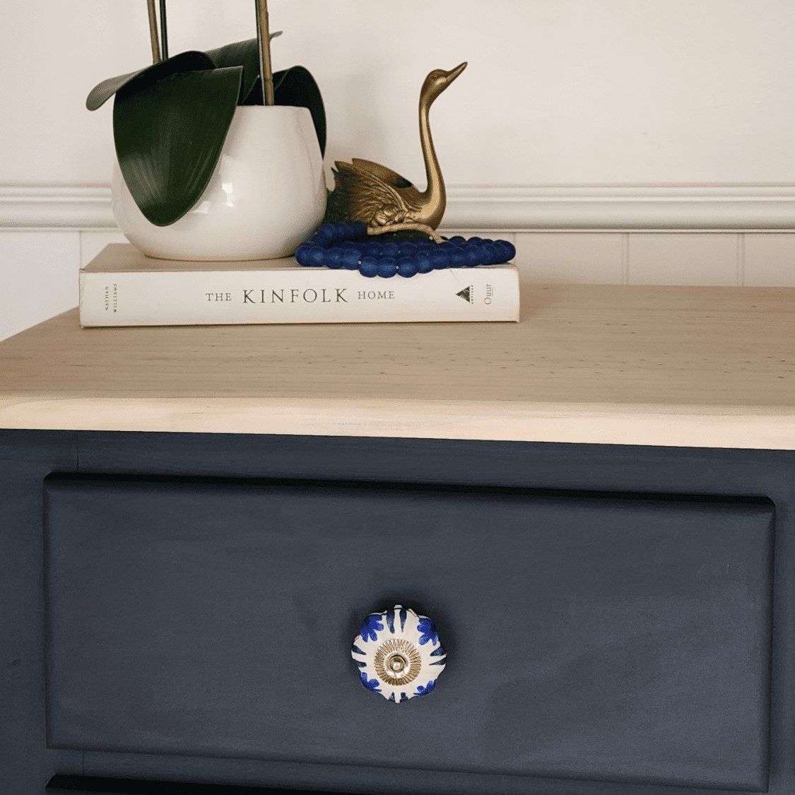 Navy Glass decorative Beads in a hamptons decor setting